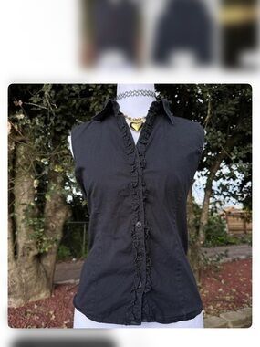 Sleeveless Black Ruffle-Trim Button Front Blouse